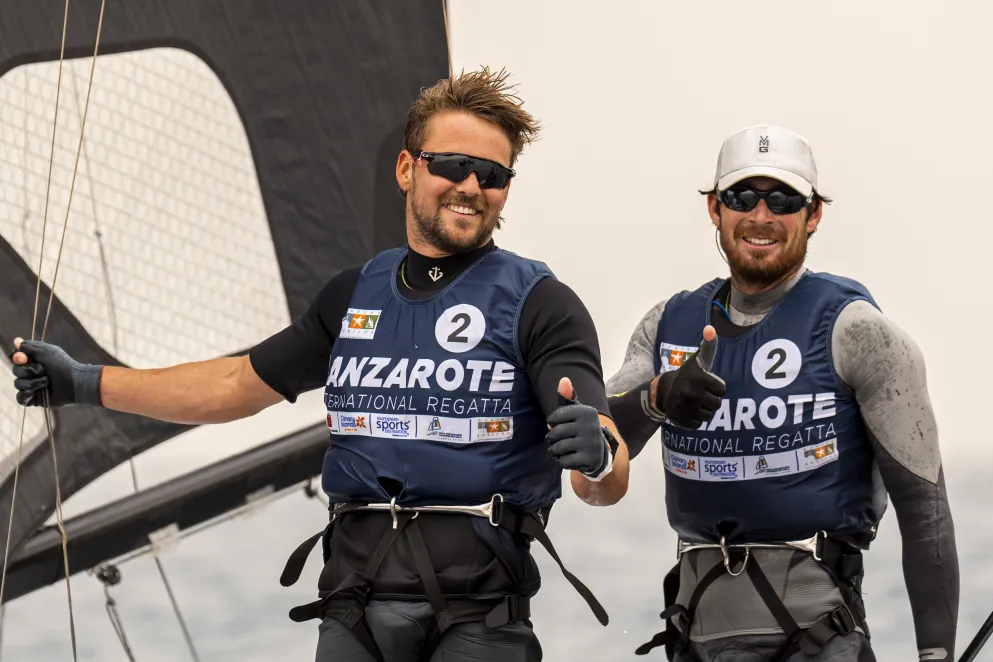 Oscar Gunn and Logan Dunning Beck celebrate their silver medal in Lanzarote. Photo / Sailing Energy