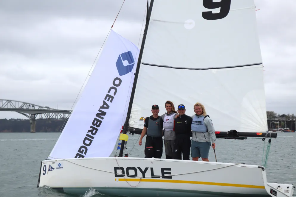American Max Brennan and his crew took out the Oceanbridge Auckland Match Racing Championships. Photo: RNZYS