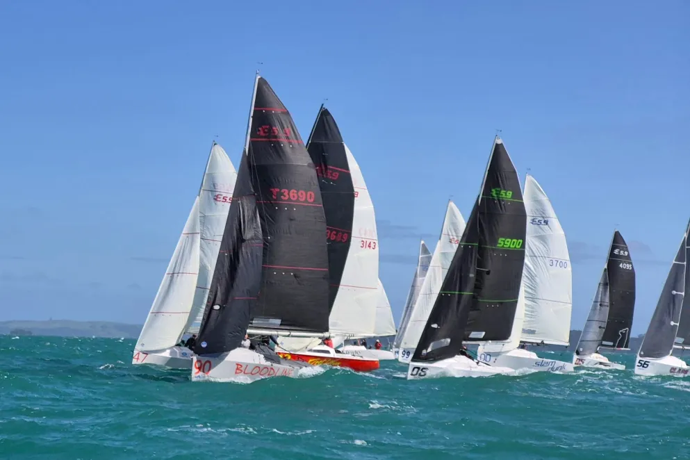 Shapeshifter won back-to-back national titles after a tight three-boat battle at Maraetai Sailing Club. Photos / Elliott 5.9 Class Association
