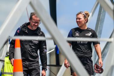 Leading Kiwi sailor Liv Mackay had her first run at the helm of the America's Cup AC40. Photo / Adam Mustill, America's Cup