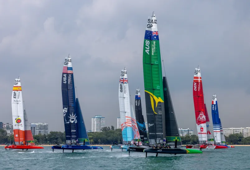 New Zealand won the Singapore SailGP before suffering damage to their boat in a lightning strike. Photo / SailGP