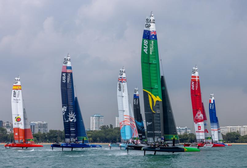 New Zealand won the Singapore SailGP before suffering damage to their boat in a lightning strike. Photo / SailGP