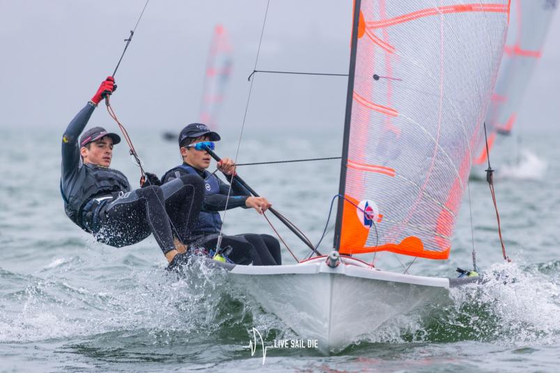Sean and Rowan Kensington in action in the 29er at the Auckland Championships at Royal Akarana Yacht Club. Photo / Suellen Hurling, Live Sail Die