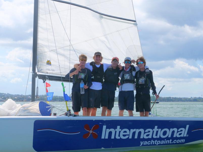 Josh Hyde, Jack Manning, Zach Fong, Cody Coughlan and Ryder Ellis shortly after winning the 2023 Harken Youth International Match Racing Cup. Photo / RNZYS