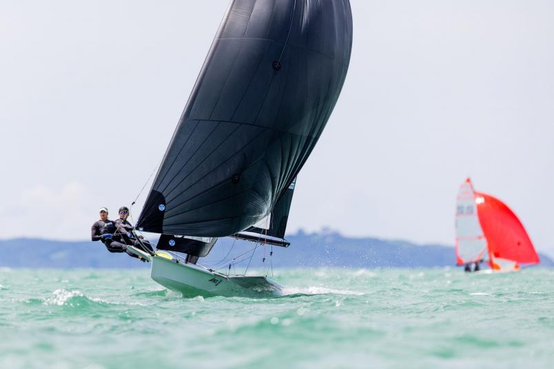 Jo Aleh and Molly Meech lead in the 49er FX. Photo / Adam Mustill Photography