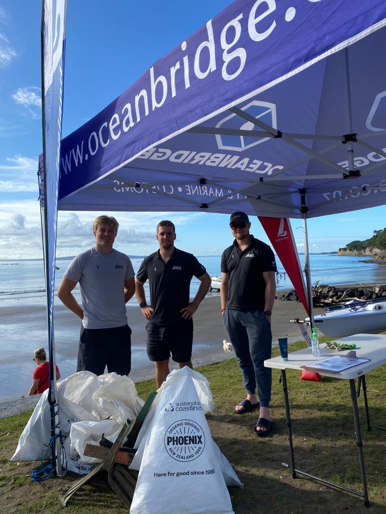 Windfoilers Eli Liefting, Thomas Crook and Patrick Haybittle helped clean the beach this morning.