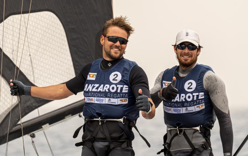 Oscar Gunn and Logan Dunning Beck celebrate their silver medal in Lanzarote. Photo / Sailing Energy