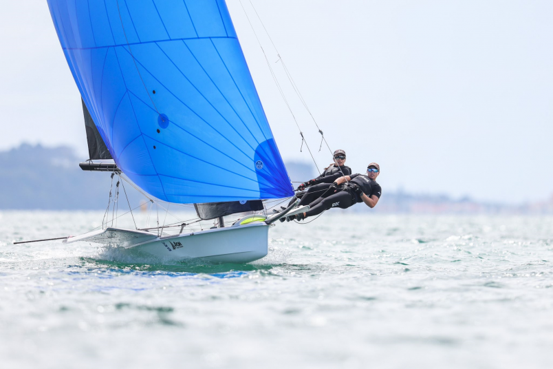 Alex Maloney and Olivia Hobbs in action on the final day of the 2023 Oceanbridge NZL Sailing Regatta.