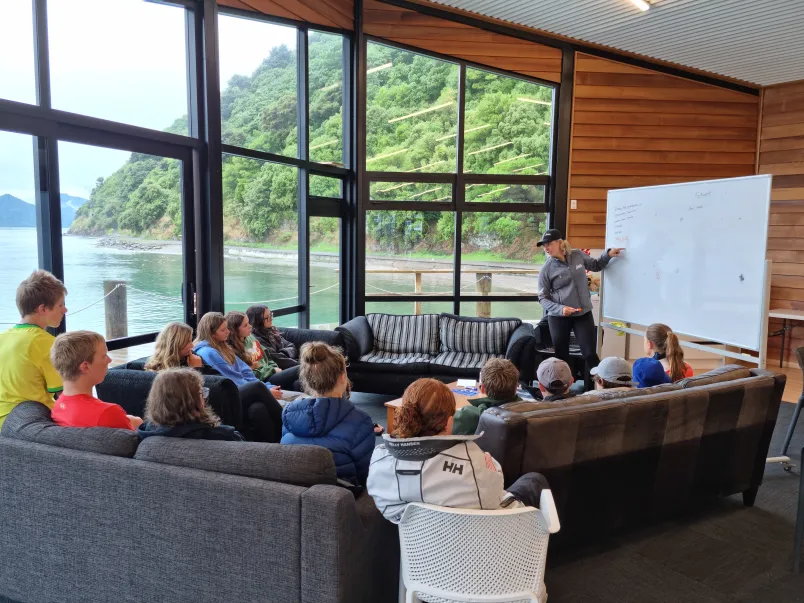 Olympic gold medallist Jenny Armstrong talked on-water tactics with 28 young Starling sailors at the Queen Charlotte Yacht Club.