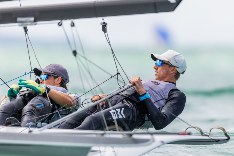 Seb Menzies and George Lee Rush won the first 49er race of the day. Photo / Adam Mustill Photography