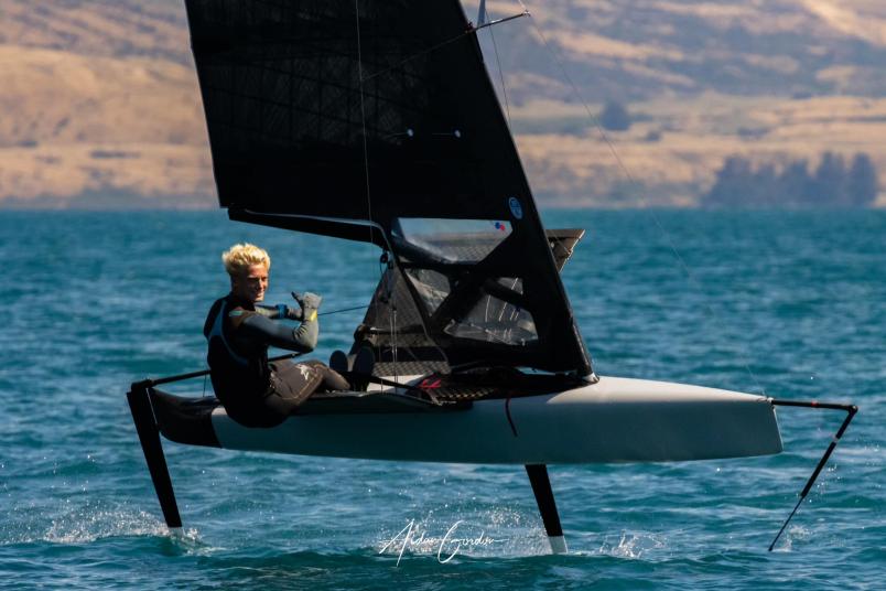 Jake Pye on his way to the title at the 2023 NZ International Moth National Championships at Wakatipu Yacht Club.