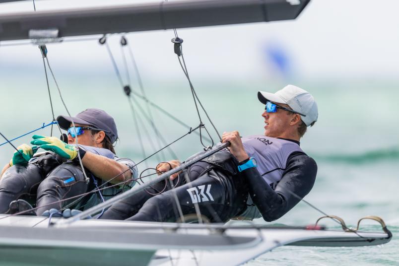 Seb Menzies and George Lee Rush finished third at the 2023 Oceanbridge NZL Sailing Regatta. Photo / Adam Mustill Photography