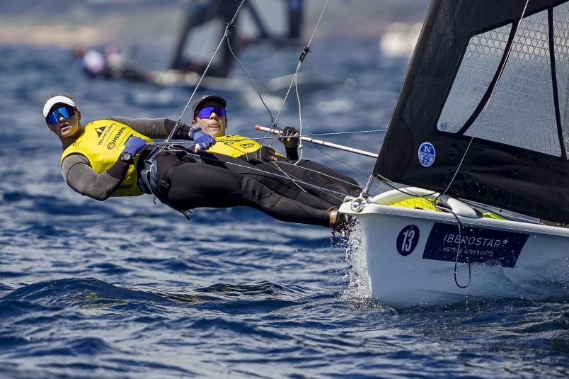 Day two leaders Jo Aleh and Molly Meech dropped 20 places but still qualified for the gold fleet. Photo / Sailing Energy