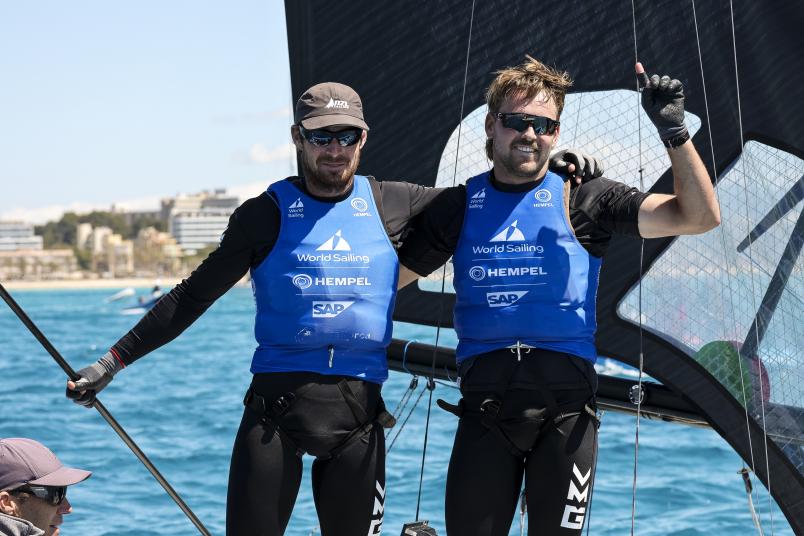 Logan Dunning Beck and Oscar Gunn claimed gold after a dramatic medal race also featuring Isaac McHardie and William McKenzie. Photos / Sailing Energy
