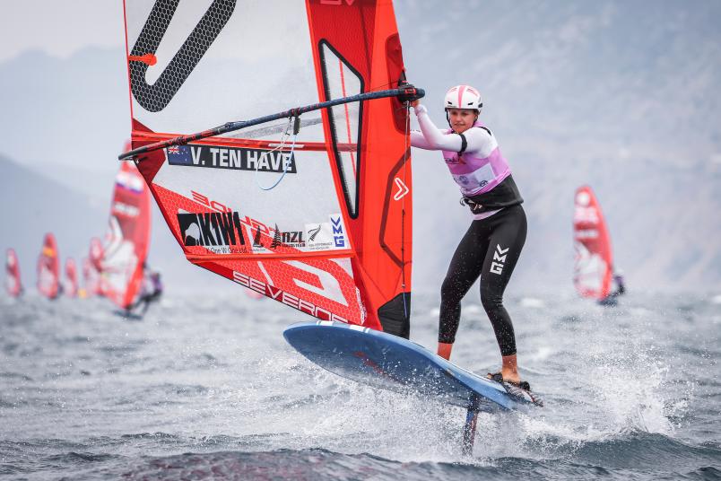 Veerle ten Have had four consistent heats to be seventh overall after day 1. Photos / Sailing Energy