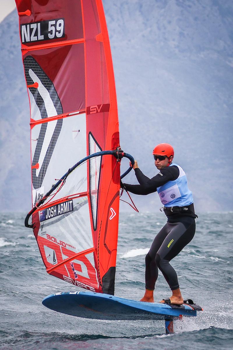 Josh Armit is fifth overall in Patras after four top-10 finishes in qualifying on day two of the iQFOIL European championships. Photos / Sailing Energy