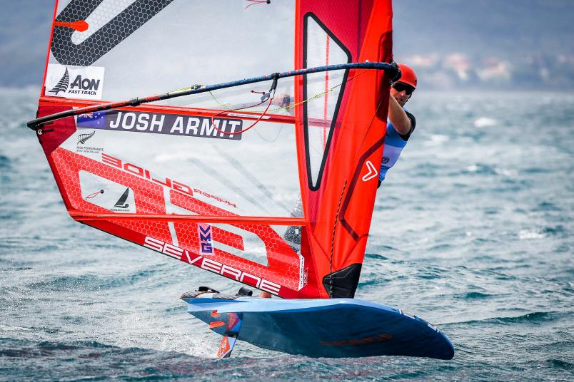 Josh Armit finished fourth in fresh conditions in the quarterfinal. Photos / Sailing Energy