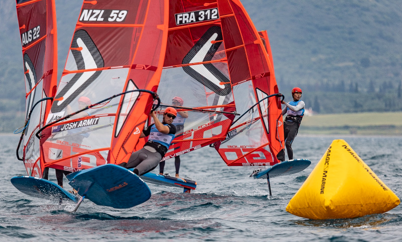 Josh Armit won the last gold fleet race to qualify for the medal series at the iQFOIL European championships in Greece. Photo / Tasman Rowntree