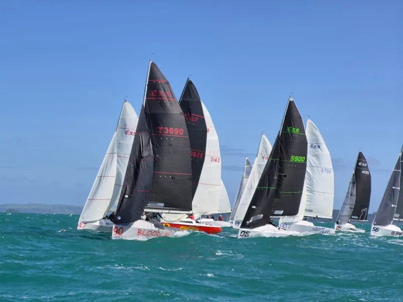 Shapeshifter won back-to-back national titles after a tight three-boat battle at Maraetai Sailing Club. Photos / Elliott 5.9 Class Association