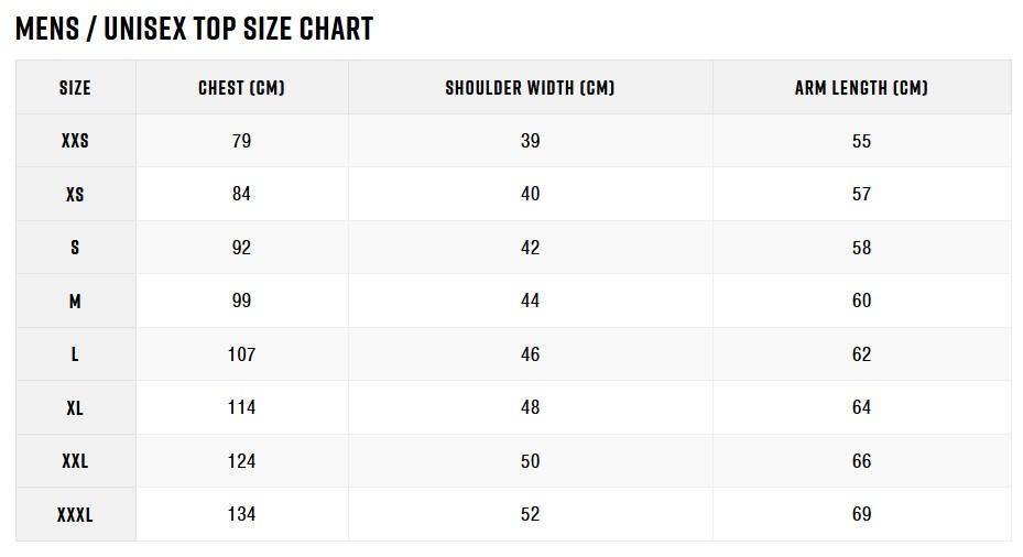 Size chart for NZLST Supporter tee